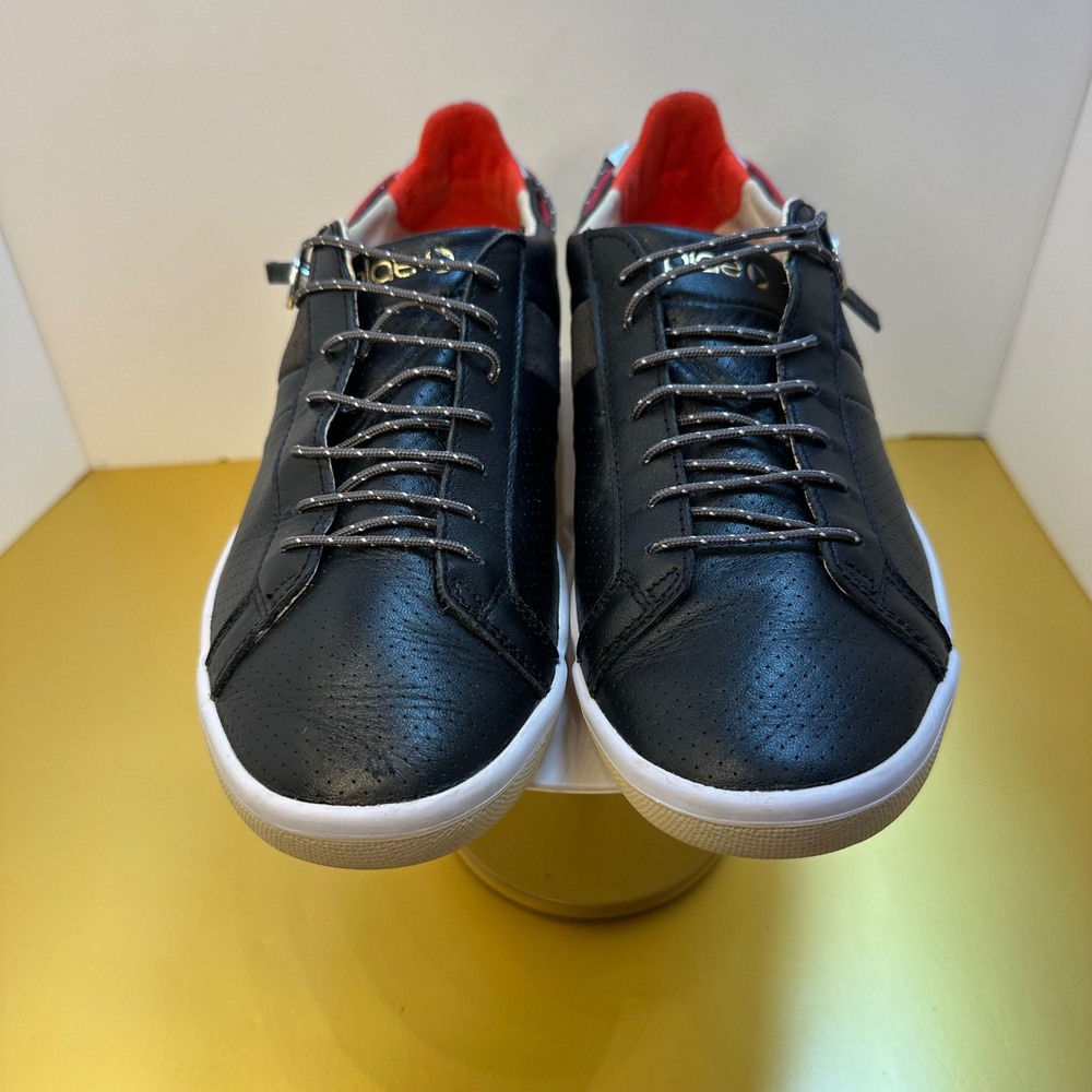 Plae Womens Black Leather Low Top Sneakers Perforated Silver Red Accents